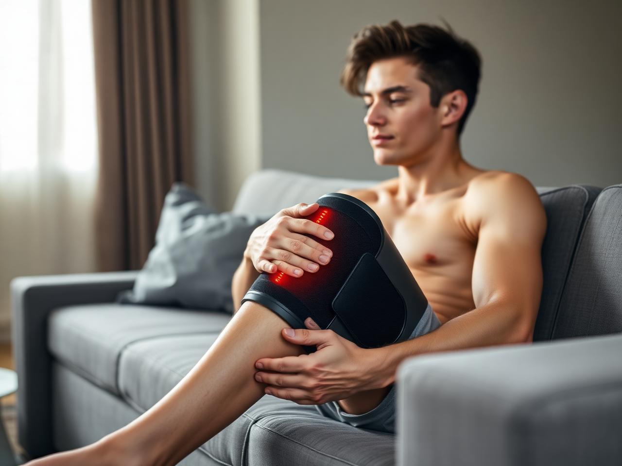 Young man using a wireless knee massager with red heat therapy on a sofa at home