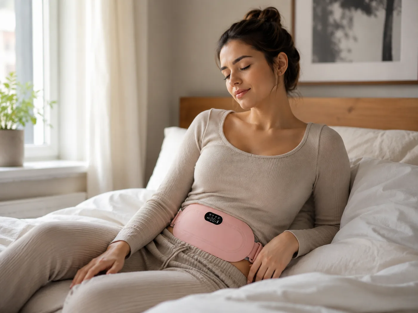 Young Indian woman resting in bed with a cordless heating pad on her lower abdomen for period cramp relief