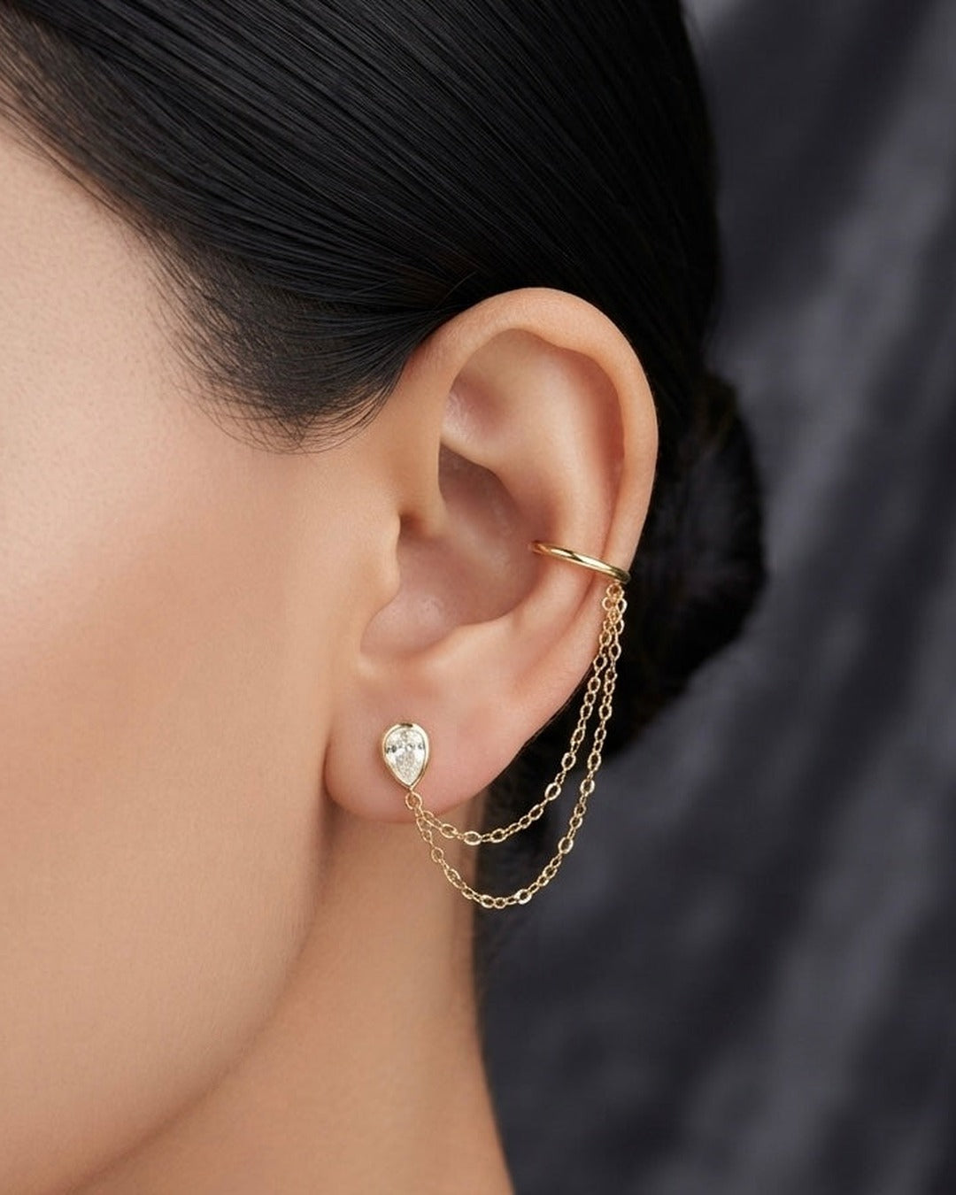 Dew Drop Chain Ear Cuffs worn on the ear
