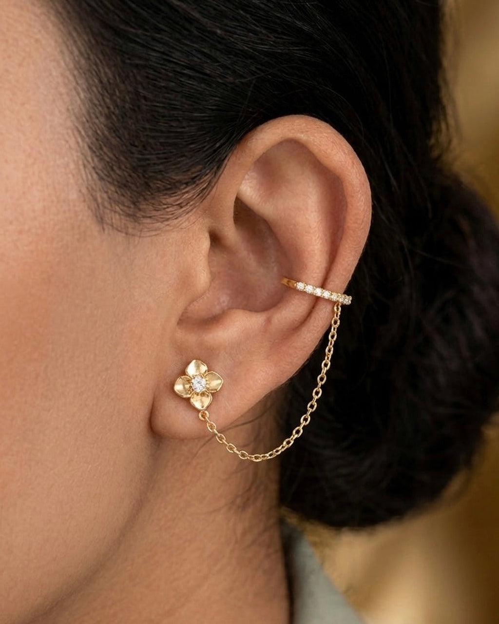 Flower Chain Ear Cuffs worn on the ear